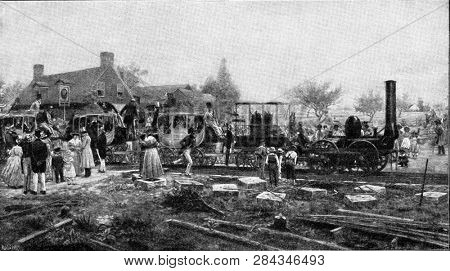 Departure of a train on the first line built by Stephenson between Stockton and Darlington, vintage engraved illustration. From the Universe and Humanity, 1910.