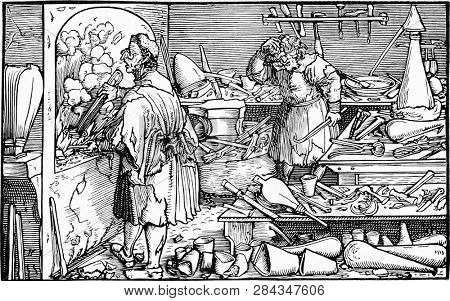 Alchemist laboratory, vintage engraved illustration. From the Universe and Humanity, 1910.