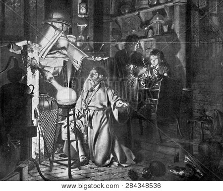 Alchemist, vintage engraved illustration. From the Universe and Humanity, 1910.