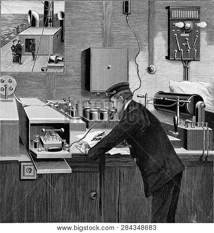 Telegraph station on board ship for wireless telegraphy, vintage engraved illustration. From the Universe and Humanity, 1910.