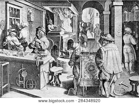 Clock workshop in the sixteenth century, vintage engraved illustration. From the Universe and Humanity, 1910.