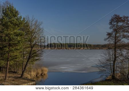 Nice Sunny Winter Cold Day Near Rozmberk Pond In South Bohemia