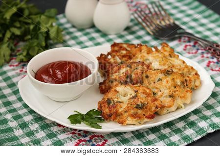 Homemade Chicken Patties. Chicken Fillet Is Fried And Served With Tomato Sauce