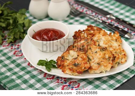 Homemade Chicken Patties. Chicken Fillet Is Fried And Served With Tomato Sauce