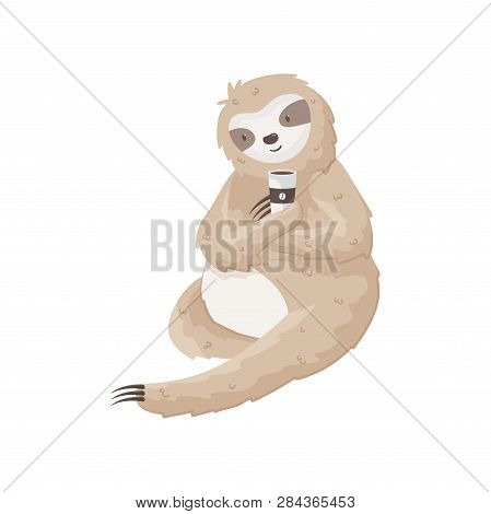Lazy Sloth Holds Cup Of Coffee, Sitting On The Ground. Cheerful Morning Concept