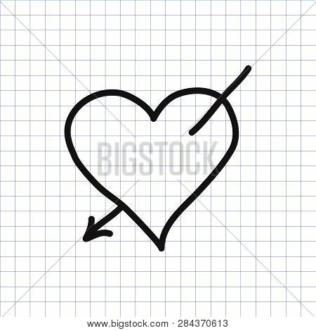 Heart With Love Arrow On The Exercise Book Background. Arrow Of Eros (amour, Cupid). Hand Drawn. Vec