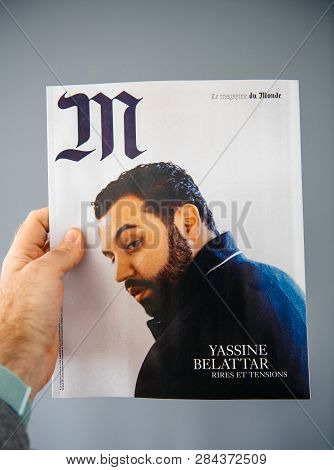 Paris, France - Apr 28, 2018: Man Holding M Magazine Le Monde With Yassine Belattar Photo On The Cov