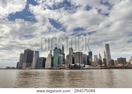 New York City Panorama Skyline At Sunrise. Manhattan Office Buildings. Skysrcapers At The Morning. N