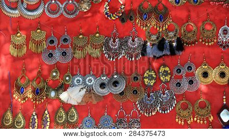 Indian jewelry assorted ear rings at display