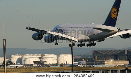 Frankfurt Am Main, Germany - July 19, 2017: Side View Of Airbus A380-800 D-aime Of Lufthansa Airline