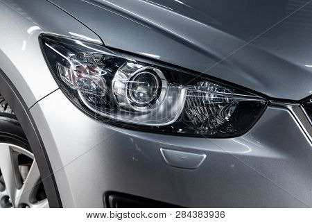 Novosibirsk, Russia - February 15, 2019:  Mazda Cx-5,close-up Of The Headlights. Photography Of A Mo