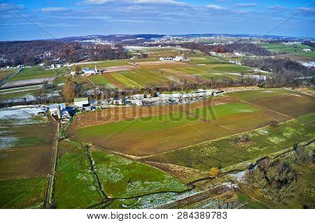 Aerial View Of Amish Farmland In Pennsylvania