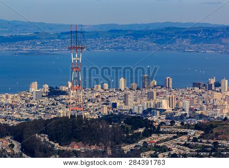 Aerial View Of San Francisco Skyline With Sutro Tower In The Foreground, Flying Over Twin Peaks