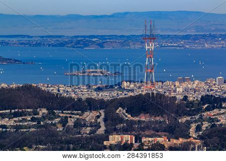 Aerial View Of San Francisco Skyline And Alcatraz Island With Sutro Tower In The Foreground, Flying 