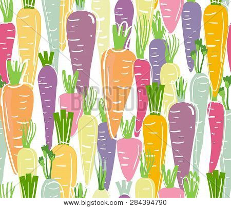 Vector Seamless Pattern With Funny Colored Rainbow Carrots.