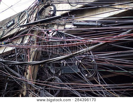 Electrict Line On Attena On Road In Bangkok City