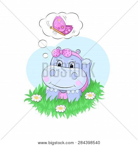 Cute Girl Hippo Is Laying On The Grass And Dreaming About Butterfly. Hand Drawn Vector Illustration.