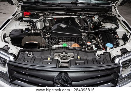 Novosibirsk, Russia - February 15, 2019: Suzuki Grand Vitara,close-up Of The Engine, Front View. Pho