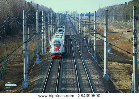 Ulyanovka, Russia - April 10, 2018: Approaching Modern High-speed Train Sapsan Evs2-04. View From Ab