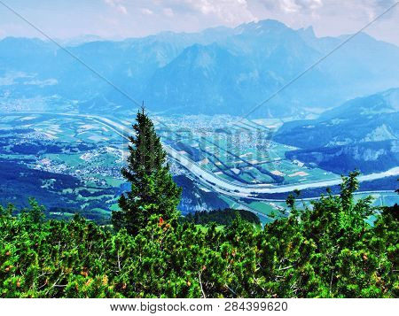View Of The River Rhine Valley (rheintal) From The Gonzen Mountain - Canton Of St. Gallen, Switzerla