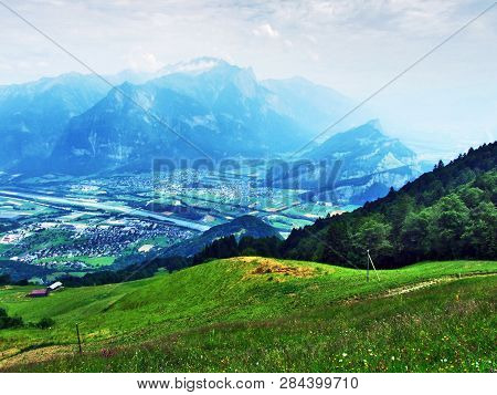 View Of The River Rhine Valley (rheintal) From The Gonzen Mountain - Canton Of St. Gallen, Switzerla
