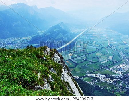 View Of The River Rhine Valley (rheintal) From The Gonzen Mountain - Canton Of St. Gallen, Switzerla