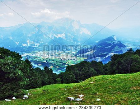 View Of The River Rhine Valley (rheintal) From The Gonzen Mountain - Canton Of St. Gallen, Switzerla