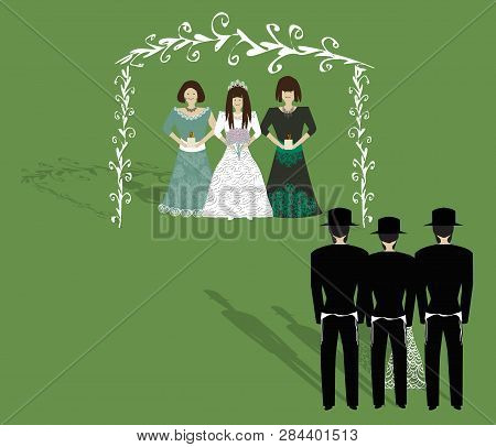 Jewish Religious Wedding. Chuppah. Groom Lead To The Bride. Vector Illustration