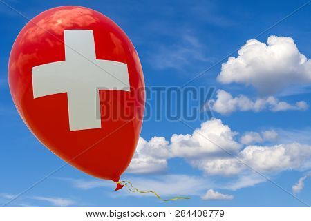Balloon With The Image Of The National Flag Of Switzerland, Flying Through The Blue Sky. 3D Renderin