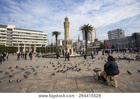 Izmir / Turkey, 20 December 2018, Izmir Old Clock Tower, Konak Square