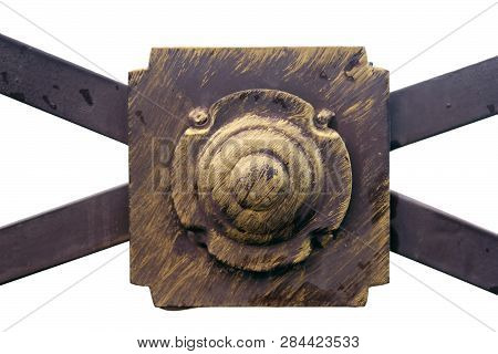 Metal Bronze Or Brass Ornament Detail Of Fence In The Form Of A Square Plaque With A Convex Roundish