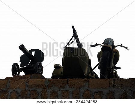 Black Silhouette Of German Motorcycle With Sidecar And Machine Gun And Maxim Machinegun Isolated On 