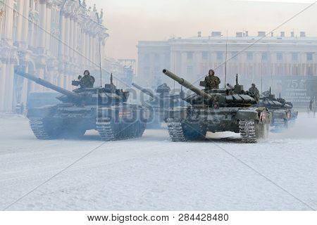 Saint Petersburg, Russia - January 24, 2019: A Column Of T-72b3 Tanks On Palace Square. Dress Rehear