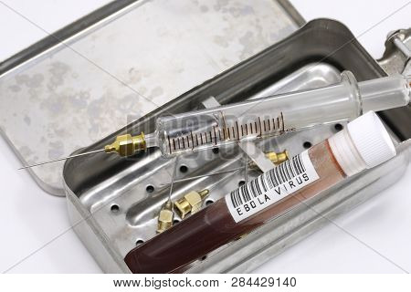 Test Tube With Label Bar Code. In The Code Is Wirten Ebola Virus
