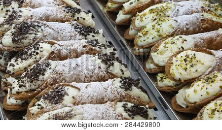 Typical Pastries For Sale In The Pastry Shop Of The Region Of Sicily In Southern Italy Called Cannol