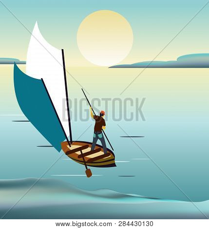 Illustration Of Sailing Lonely Man In His Boat