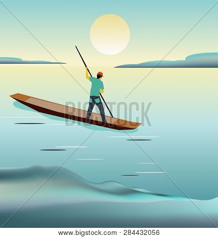 Seascape With Man On His Boat Sailing Away