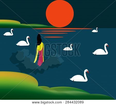 Illustration Of A Woman Getting Into The Lake