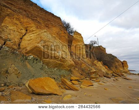 Rockslide. Mountain Landslide In An Environmentally Hazardous Area. Large Cracks In Earth, Descent O