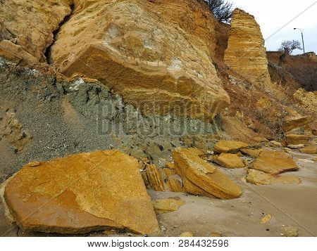 Rockslide. Mountain Landslide In An Environmentally Hazardous Area. Large Cracks In Earth, Descent O