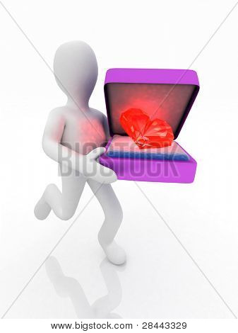  3D hombre sosteniendo una caja con un corazón de diamante