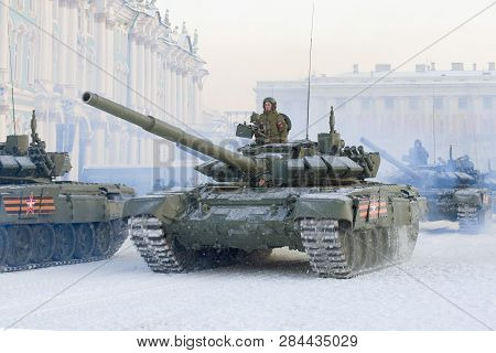 Saint Petersburg, Russia - January 24, 2019: T-72b3 Tank In A Column Of Military Equipment Close-up.