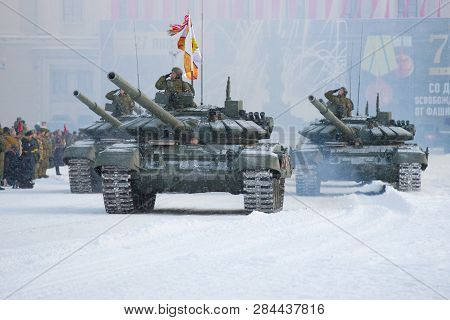 Saint Petersburg, Russia - January 24, 2019: Russian Tanks T-72b3 On The Palace Square. Dress Rehear