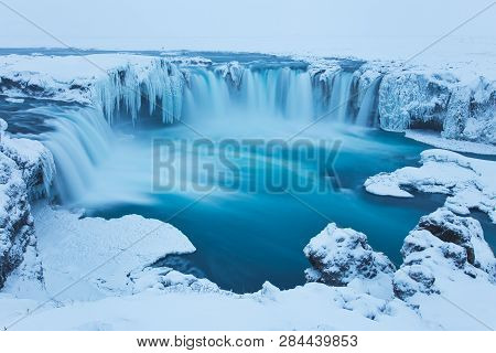 Beautiful Godafoss-waterfall In Winter Covered In Snow, Iceland