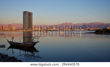 Ras Al Khaimah City In The United Arab Emirates In The Evening Sunset At The Corniche With The Crisp