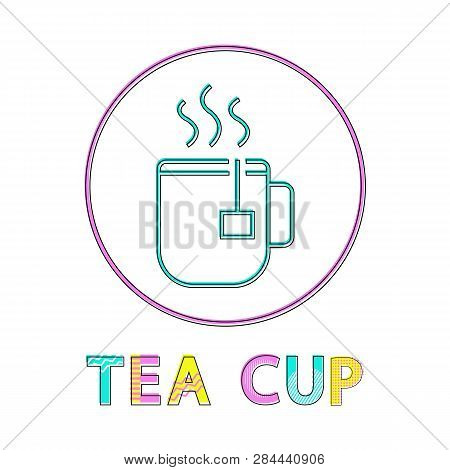 Tea Cup Steaming With Drawstring Teabag Rounded Linear Icon Isolated. Hot Beverage Color Flat Illust