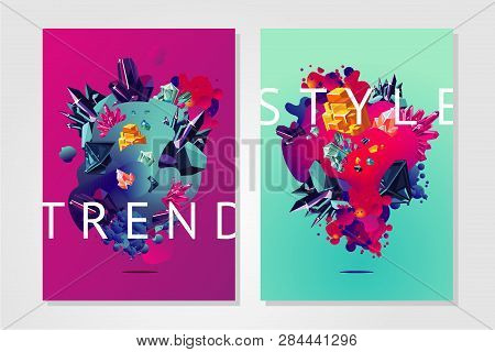 Inspiration Trendy Poster. Presentation Cover Template With Abstract Shapes And Crystal. Modern Orga