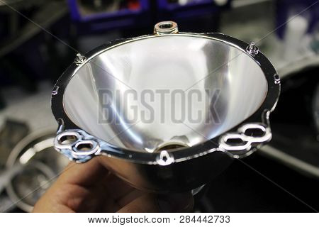 Macro View Of Repairing, Installation And Tuning Headlight Of Modern Automobile And Car Projector Le