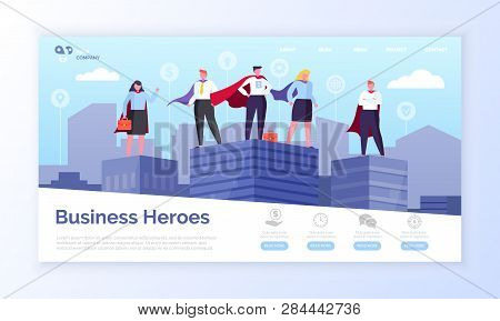 Entrepreneurs In Superman Coats, Business Heroes Webpage Vector. Men And Women In Superhero Outfits 