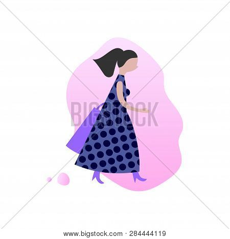 Modern Fashionable Woman Vector Illustration. Busy Girl In Dress Running, Walking, Doing Shopping. F